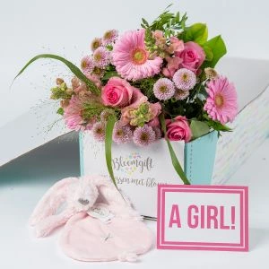 Roze geboorteboeket Baby Girl met roze tutteldoekje Richie en wenskaartje